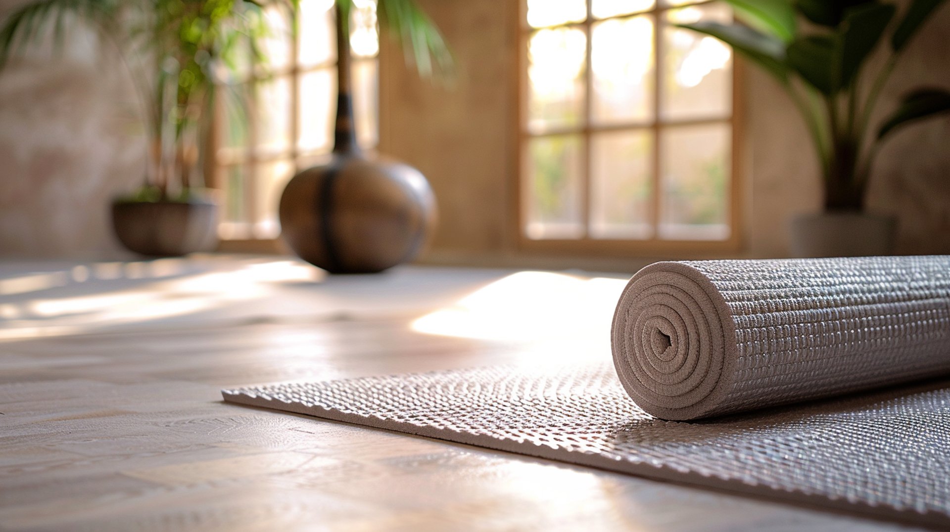 Rolled yoga mat in a warm studio