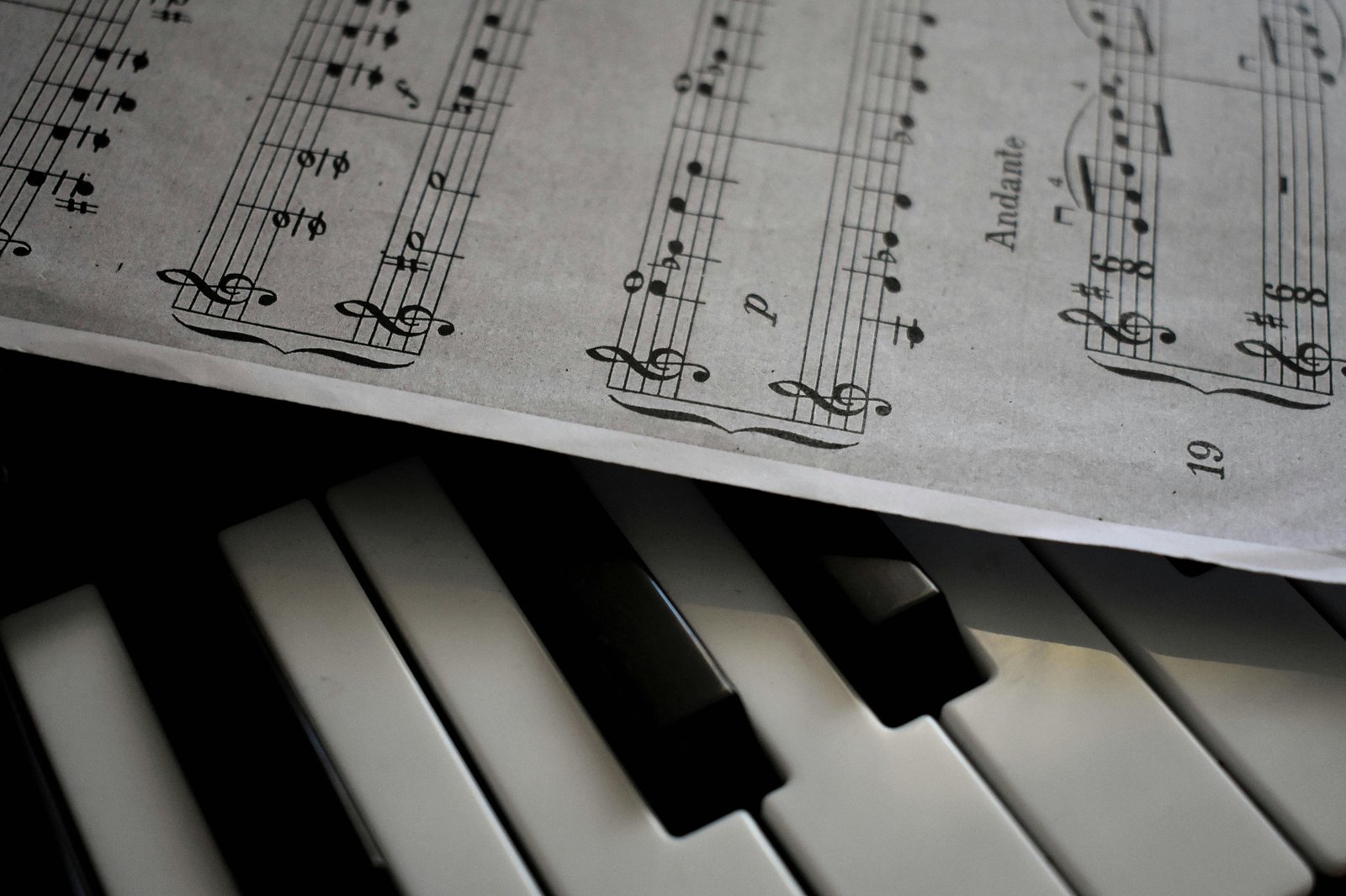 Close-up of piano keys and sheet music